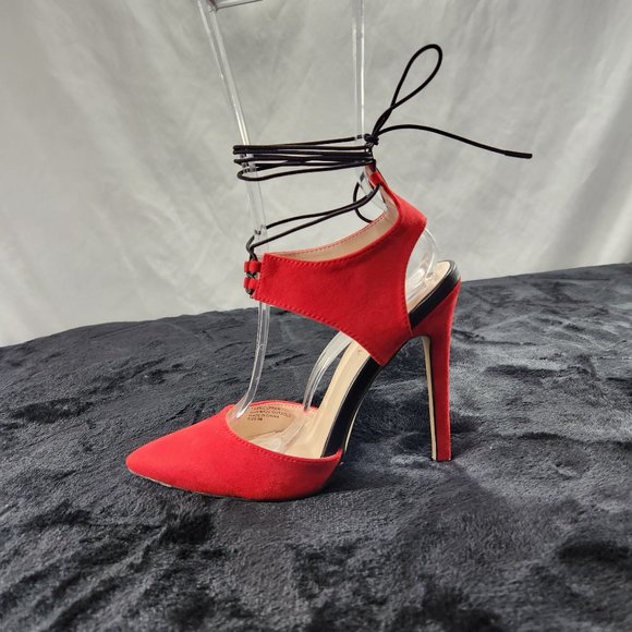 Red Cherry Red With Black Elastic Wrap Sandals With 4 1/2" Stiletto Heels - Picture 1 of 9